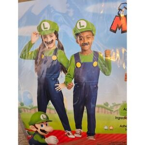 Luigi Child Costume Jumpsuit Hat Mustache Super Mario Halloween Dress‎ Up M 7-8